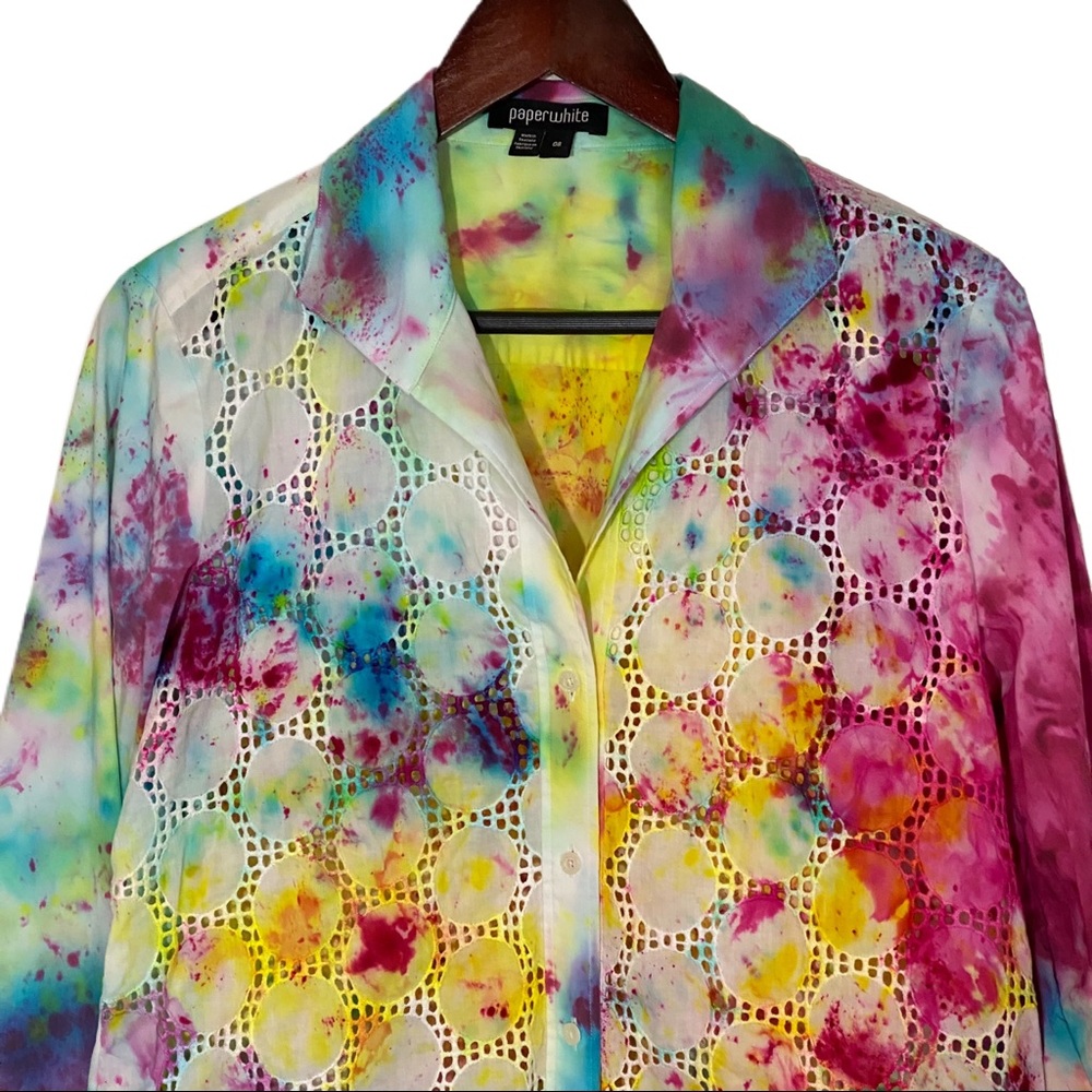 Coverup Shirt Top Boho Artsy Tie Dye Hippie Laser Cut Dopamine Festival Sz 8 - Picture 2 of 8